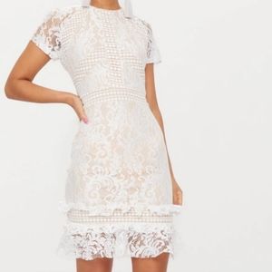 Prettylittlething White Frill Hem Lace Bodycon Dress